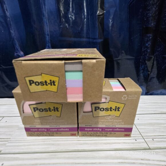 100% Recycled Paper Super Sticky Post It Notes, 3" Wanderlust Pastels 3 Boxes - Picture 2 of 3